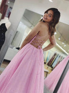 V-Ausschnitt rückenfreies rosa langes Ballkleid rückenfreies funkelndes rosa formelles Abschlusskleid