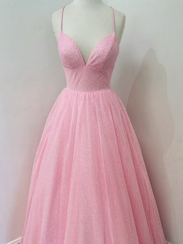 Vestidos de fiesta largos rosas con escote en V y espalda descubierta, vestidos formales de graduación rosas brillantes sin espalda
