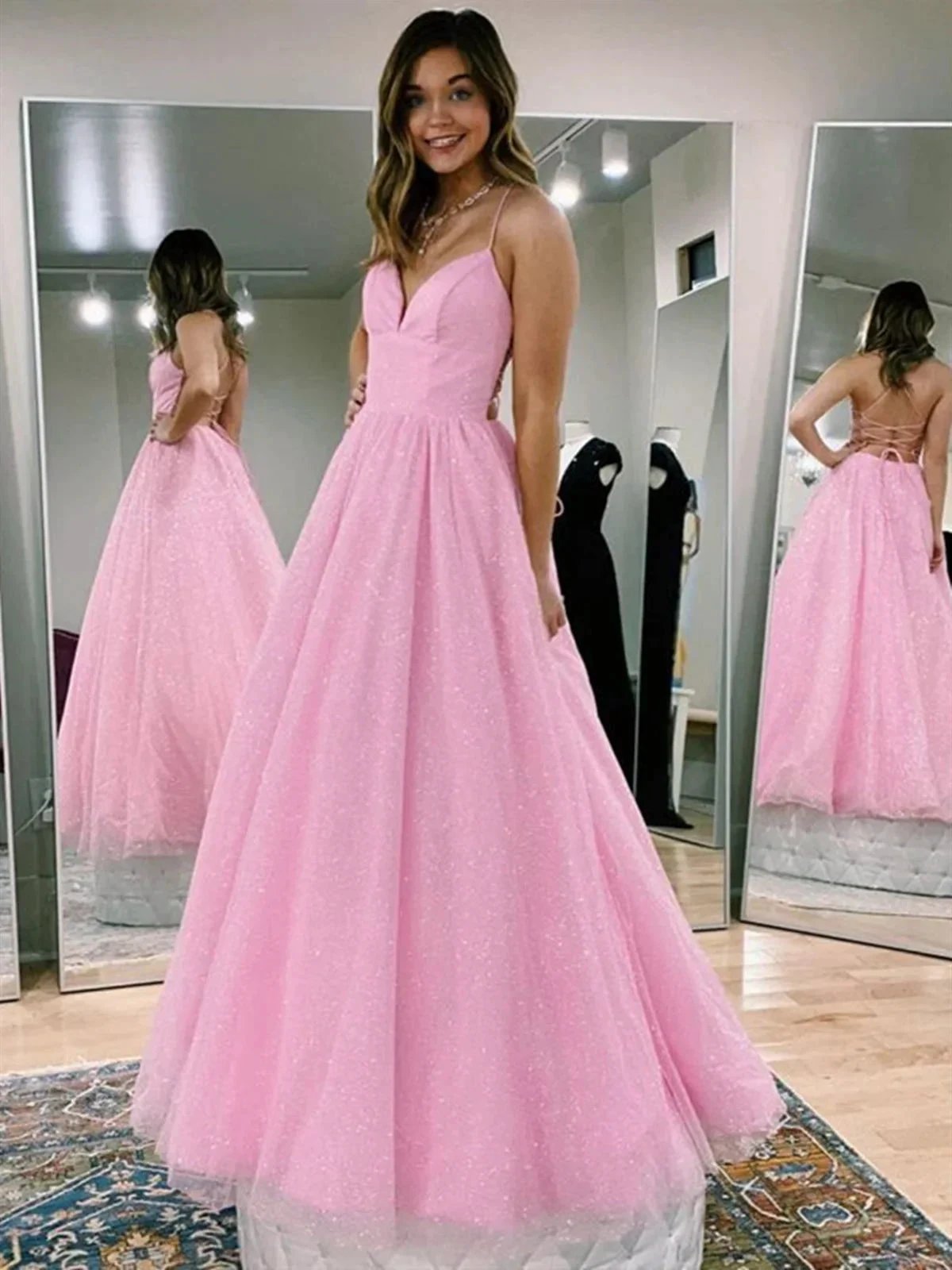 V-Ausschnitt rückenfreies rosa langes Ballkleid rückenfreies funkelndes rosa formelles Abschlusskleid