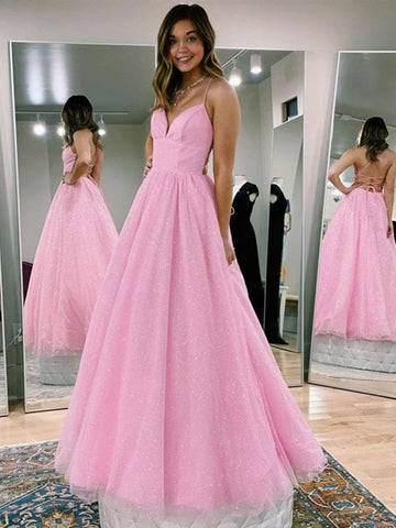 Vestidos de fiesta largos rosas con escote en V y espalda descubierta, vestidos formales de graduación rosas brillantes sin espalda