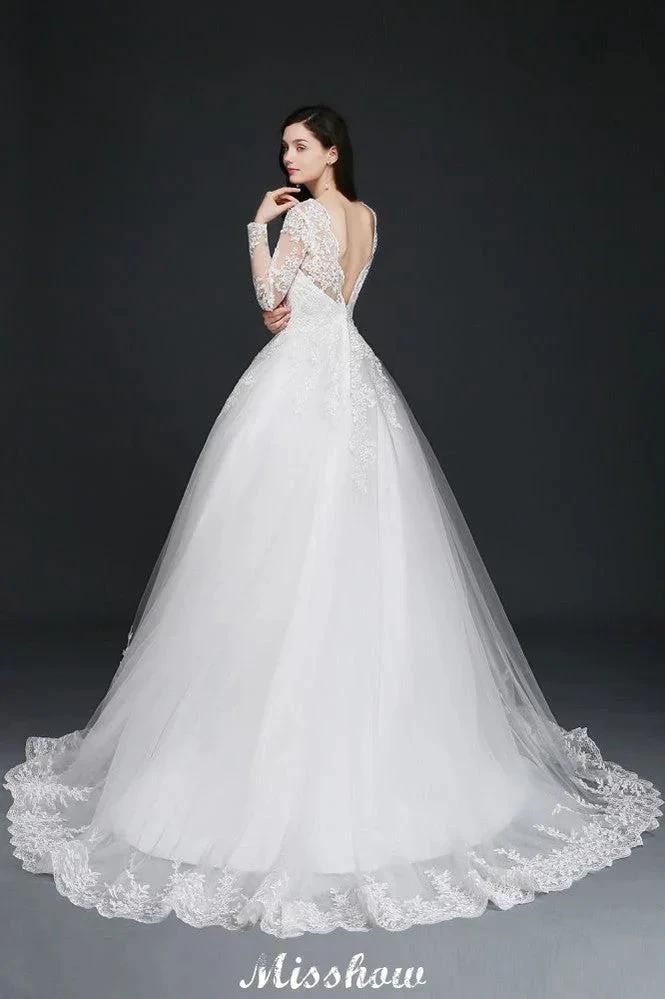 V-Neck Ball Gown Lace Tulle Wedding Dresses by misshow.com