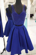 Vestido de fiesta corto de dos piezas en azul real con escote en V y cuentas, vestidos de bienvenida PD162