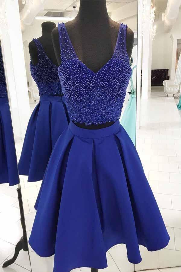 V Neck Beaded Royal Blue Two Piece Short Prom Dress Homecoming Dresses PD162 Hover Image