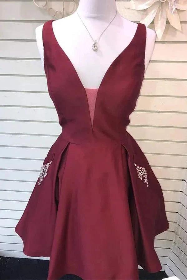 V-Neck Burgundy Satin Cute Homecoming Dress with Pockets PD360 by pgmdress