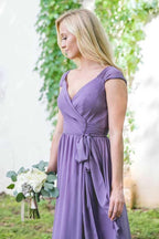 V-Neck Cap Sleeves Lace-Up Purple Long Chiffon Bridesmaid Dress BD042 by pgmdress