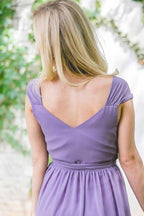 V-Neck Cap Sleeves Lace-Up Purple Long Chiffon Bridesmaid Dress BD042 by pgmdress