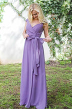 V-Neck Cap Sleeves Lace-Up Purple Long Chiffon Bridesmaid Dress BD042 by pgmdress