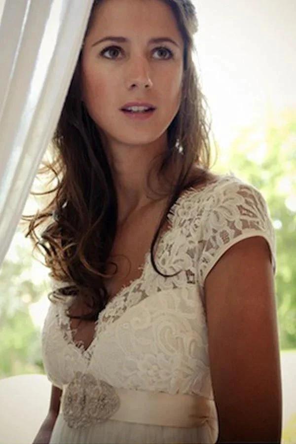 V-neck Cap Sleeves Sweep Train Backless Wedding Dress With Sash WD011 by pgmdress
