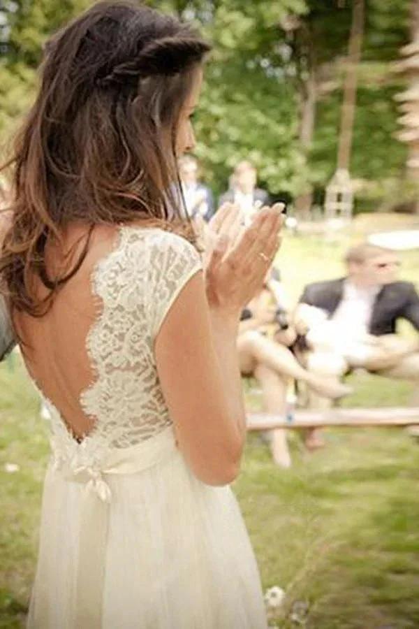 V-neck Cap Sleeves Sweep Train Backless Wedding Dress With Sash WD011 by pgmdress