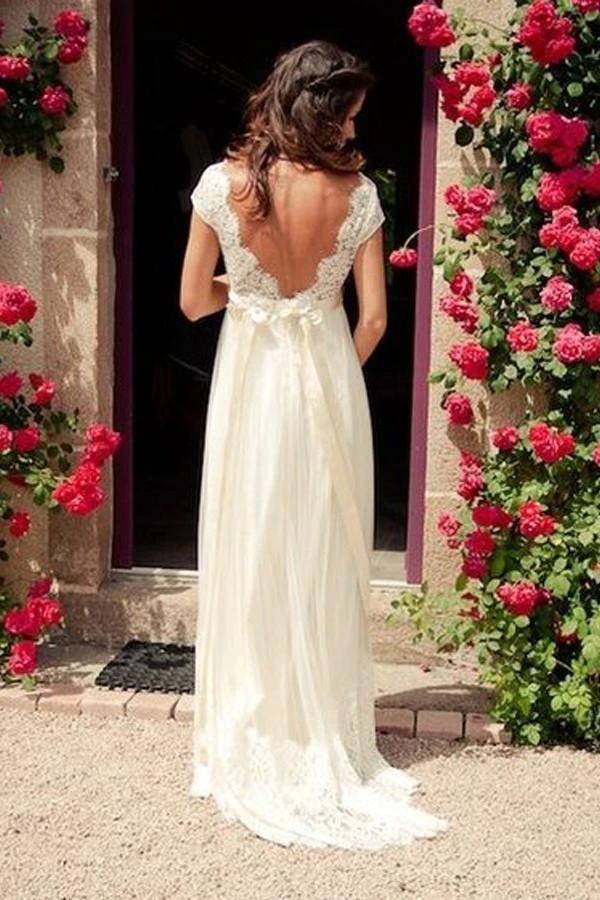 V-neck Cap Sleeves Sweep Train Backless Wedding Dress With Sash WD011 by pgmdress
