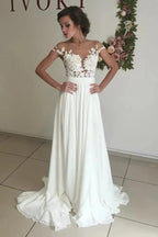 V-neck Cap Sleeves Sweep Train Ivory Wedding Dress with Appliques WD002 by pgmdress