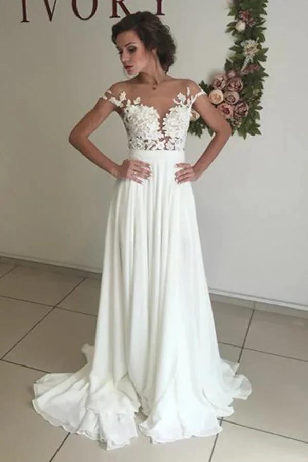 V-neck Cap Sleeves Sweep Train Ivory Wedding Dress with Appliques WD002 by pgmdress