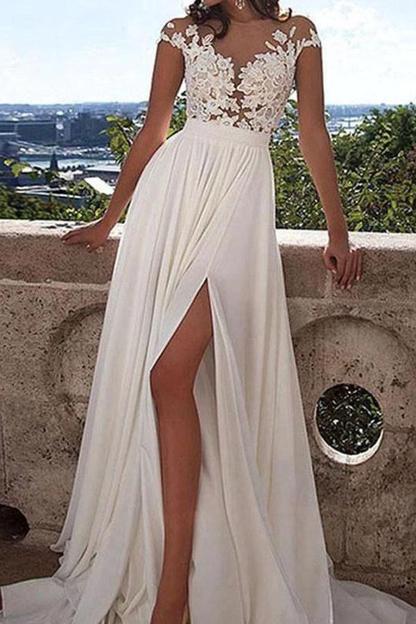 V-neck Cap Sleeves Sweep Train Ivory Wedding Dress with Appliques WD002 by pgmdress