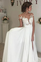 V-neck Cap Sleeves Sweep Train Ivory Wedding Dress with Appliques WD002 by pgmdress