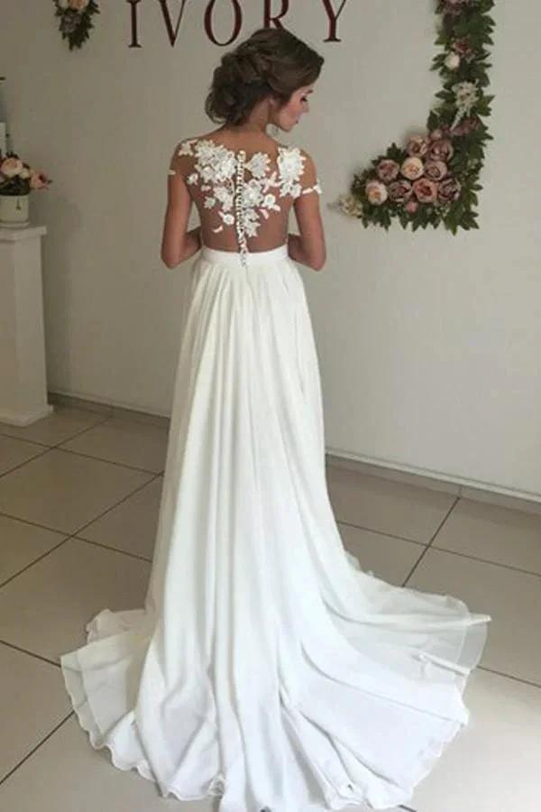 V-neck Cap Sleeves Sweep Train Ivory Wedding Dress with Appliques WD002 by pgmdress