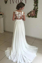 V-neck Cap Sleeves Sweep Train Ivory Wedding Dress with Appliques WD002 by pgmdress