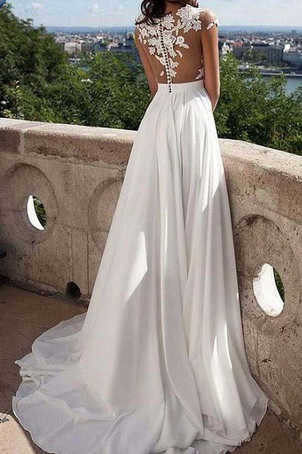 V-neck Cap Sleeves Sweep Train Ivory Wedding Dress with Appliques WD002 by pgmdress
