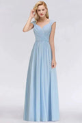 V-Neck Chiffon aline Bridesmaid Dress Sky Blue Floor Length Evening Swing Dress by misshow.com
