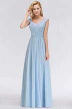 V-Neck Chiffon aline Bridesmaid Dress Sky Blue Floor Length Evening Swing Dress by misshow.com