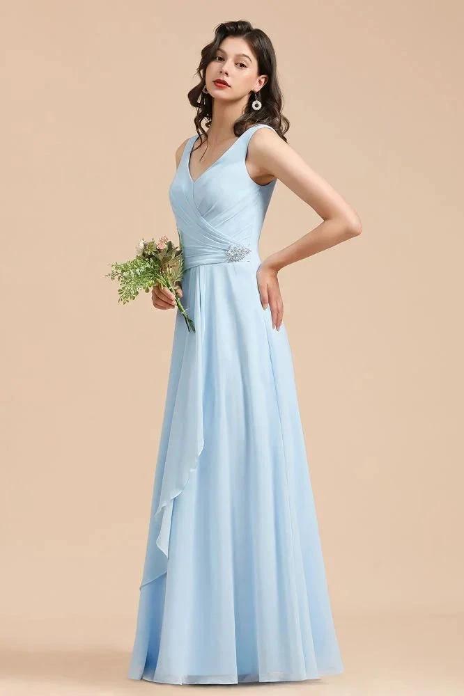 V-Neck Chiffon Aline Bridesmaid Dress Sleeveless Floor Length Simple Wedding Dress by misshow.com