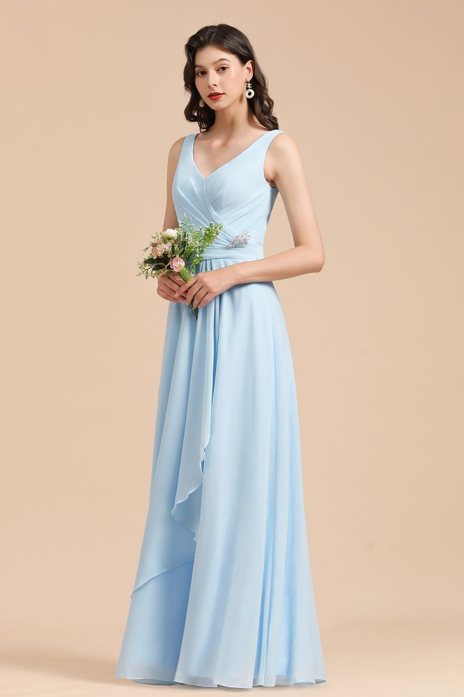 V-Neck Chiffon Aline Bridesmaid Dress Sleeveless Floor Length Simple Wedding Dress