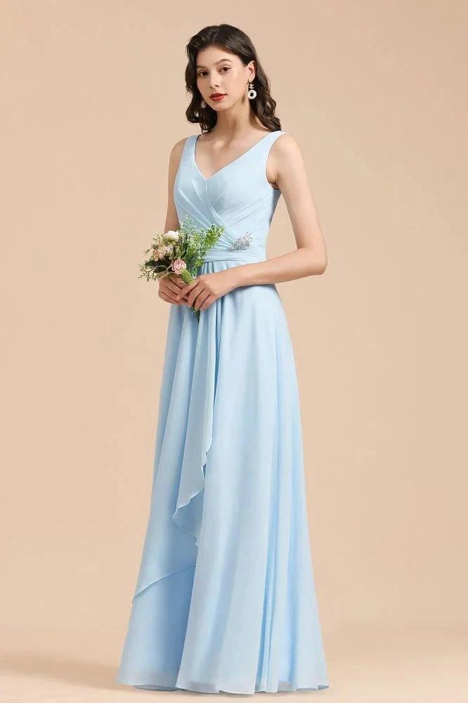 V-Neck Chiffon Aline Bridesmaid Dress Sleeveless Floor Length Simple Wedding Dress by misshow.com