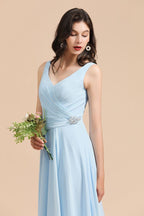 V-Neck Chiffon Aline Bridesmaid Dress Sleeveless Floor Length Simple Wedding Dress