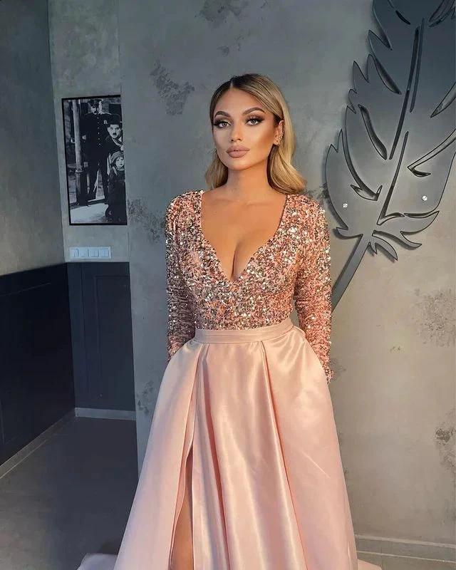 V-neck Evening Gowns For Women A-Line Split Prom Dress (ZD02567)