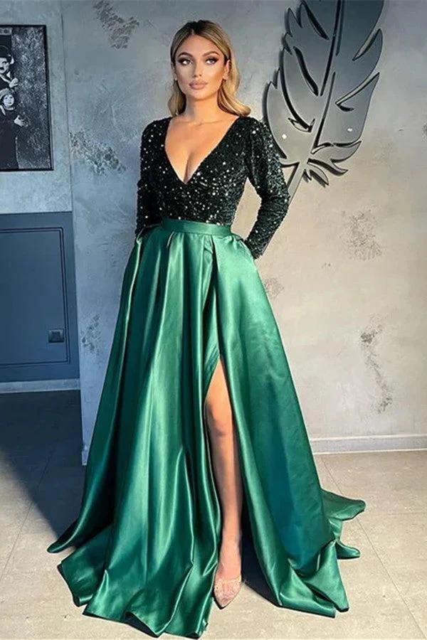 V-neck Evening Gowns For Women A-Line Split Prom Dress (ZD02567)