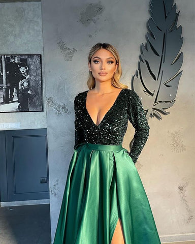 Abendkleider mit V-Ausschnitt für Damen A-Linien-Split-Ballkleid
