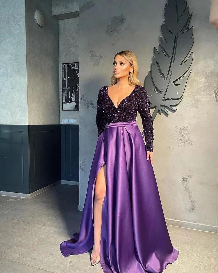 V-neck Evening Gowns For Women A-Line Split Prom Dress (ZD02567)