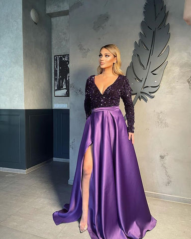 Abendkleider mit V-Ausschnitt für Damen A-Linien-Split-Ballkleid