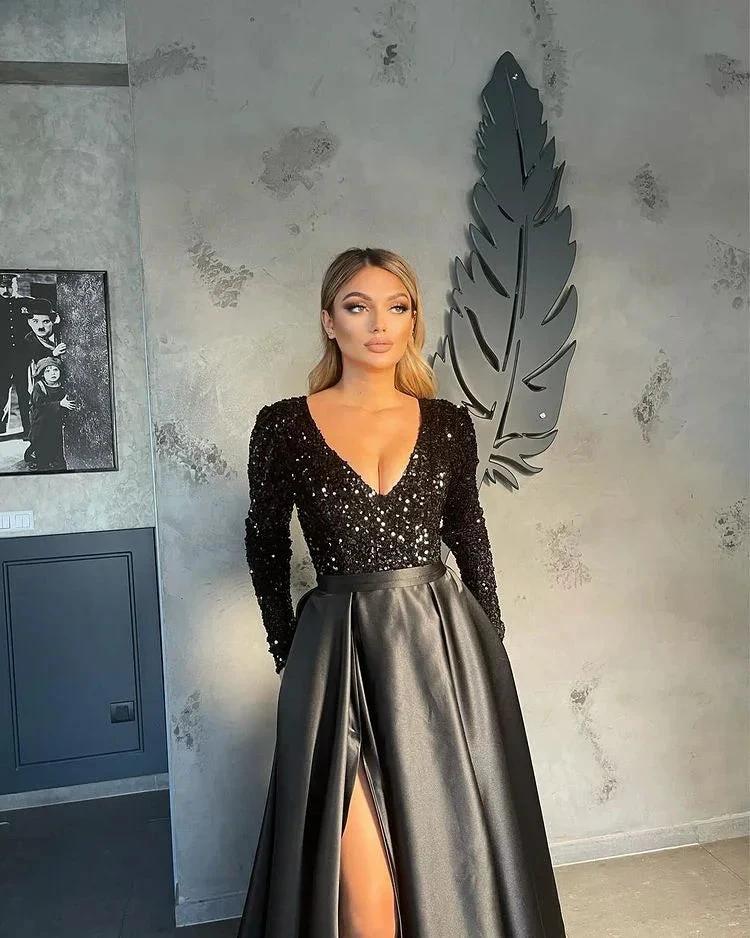 V-neck Evening Gowns For Women A-Line Split Prom Dress (ZD02567)