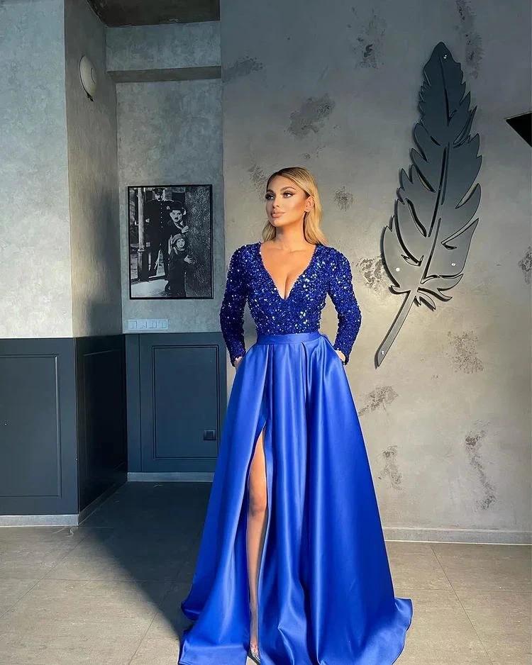 V-neck Evening Gowns For Women A-Line Split Prom Dress by misshow.com