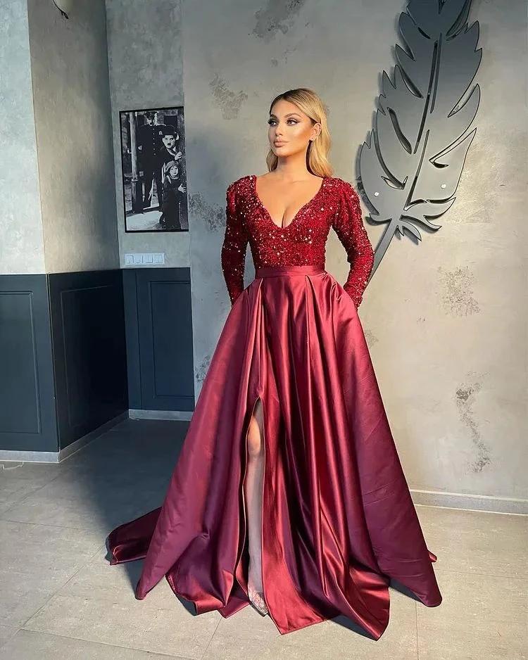 V-neck Evening Gowns For Women A-Line Split Prom Dress by misshow.com
