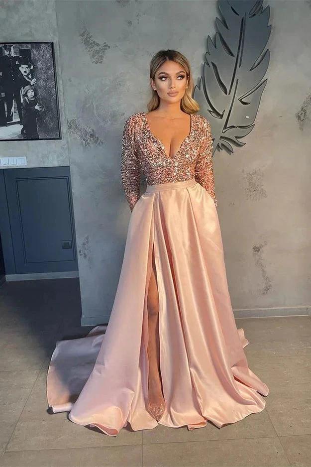 V-neck Evening Gowns For Women A-Line Split Prom Dress (ZD02567)