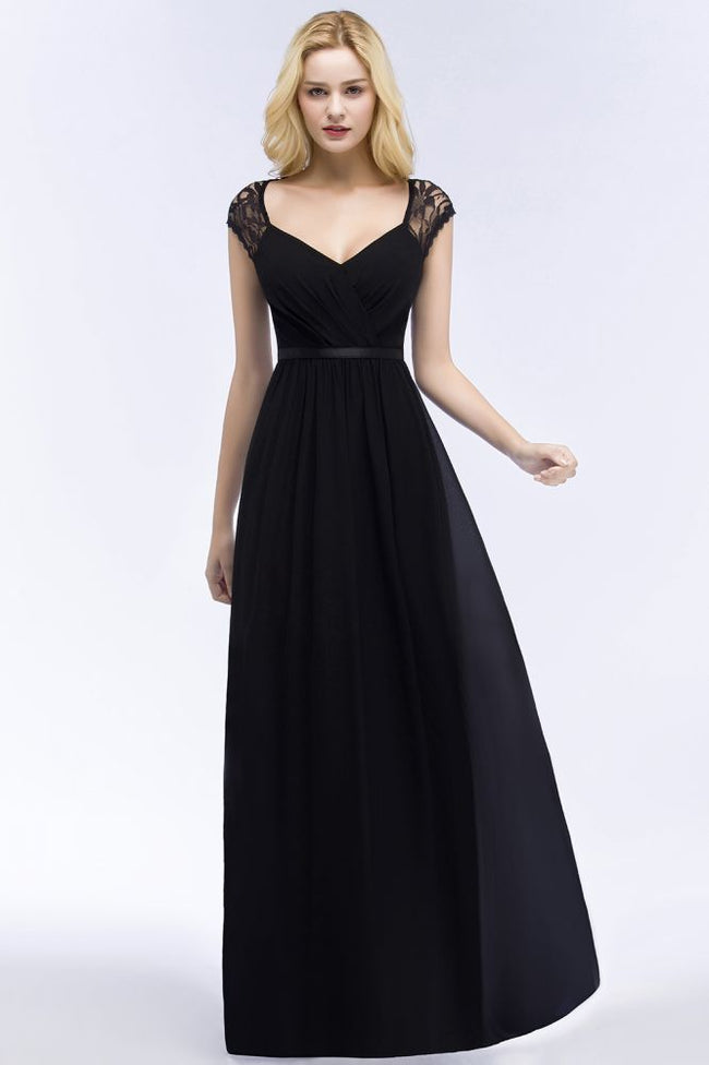V-neck Floor Length A-line Lace Chiffon Bridesmaid Dresses with Sash Main Image