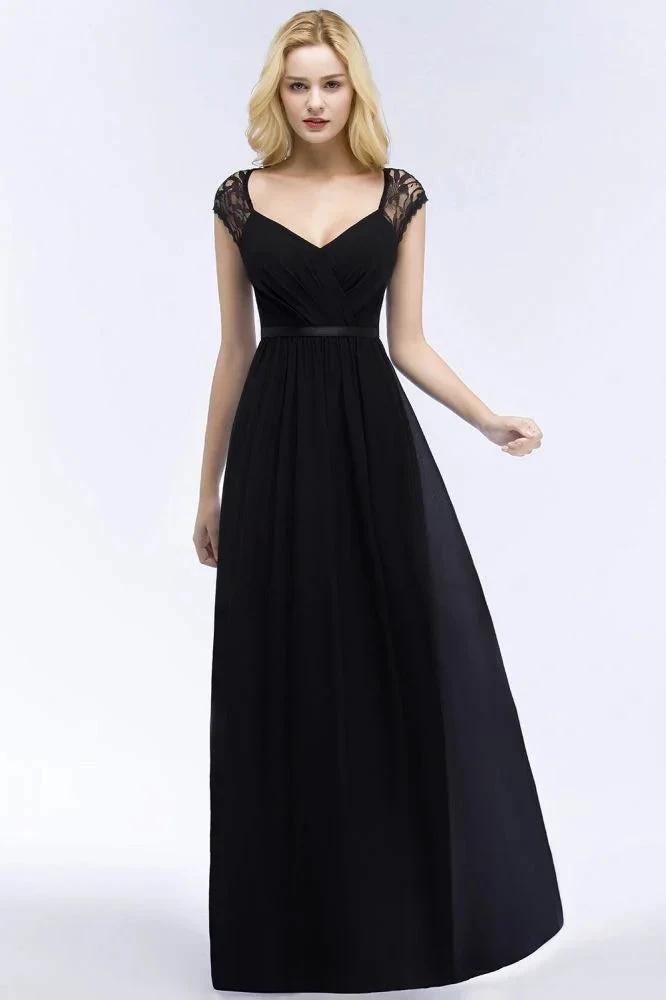 V-neck Floor Length A-line Lace Chiffon Bridesmaid Dresses with Sash by misshow.com