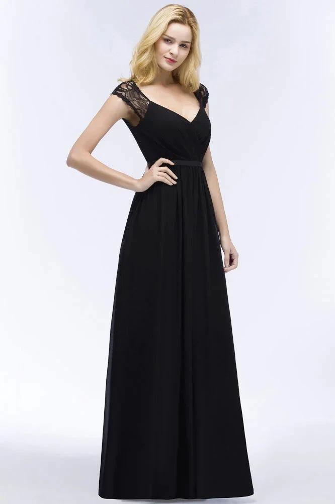 V-neck Floor Length A-line Lace Chiffon Bridesmaid Dresses with Sash by misshow.com