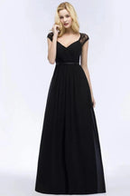 V-neck Floor Length A-line Lace Chiffon Bridesmaid Dresses with Sash by misshow.com
