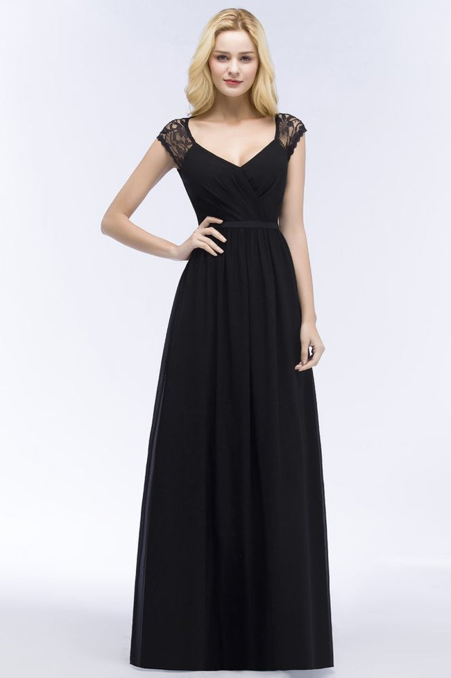 V-neck Floor Length A-line Lace Chiffon Bridesmaid Dresses with Sash Hover Image