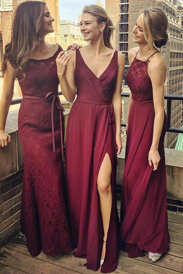V-Neck Floor-Length Grape Chiffon Bridesmaid Dress wtih Split BD036 by pgmdress