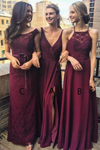 V-Neck Floor-Length Grape Chiffon Bridesmaid Dress wtih Split BD036 by pgmdress