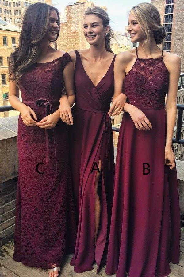 V-Neck Floor-Length Grape Chiffon Bridesmaid Dress wtih Split BD036 by pgmdress