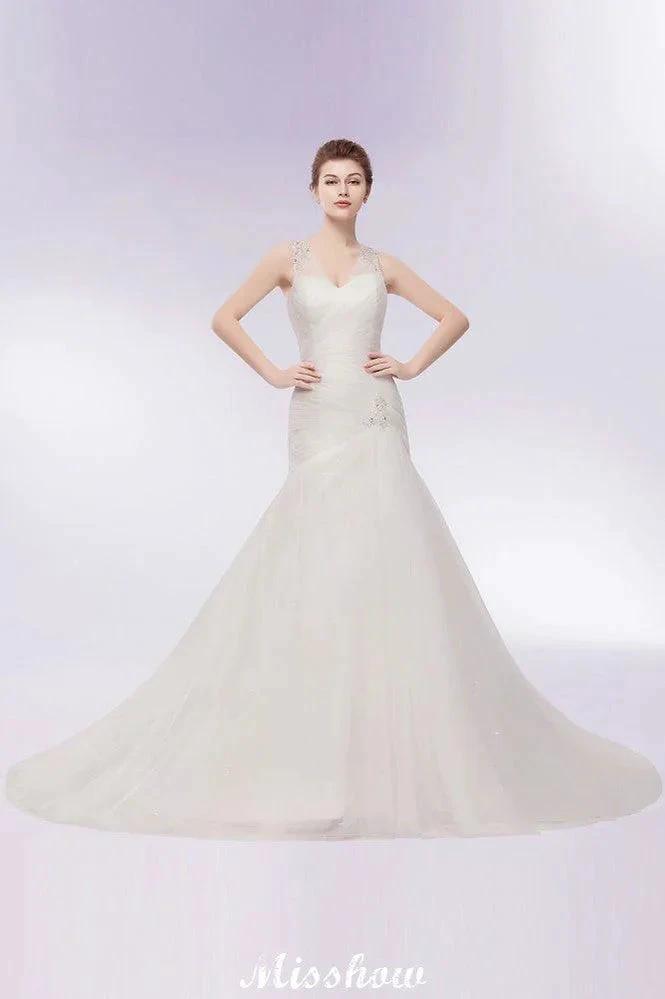 V-neck Floor Length Mermaid Crystals Tulle Wedding Dresses by misshow.com