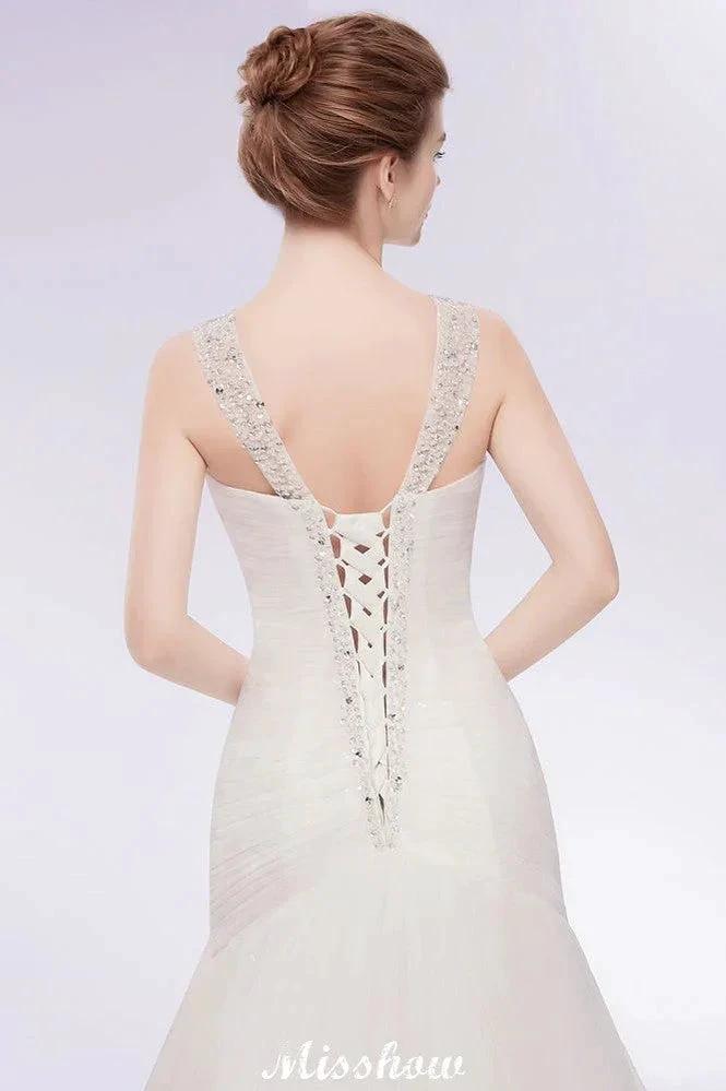 V-neck Floor Length Mermaid Crystals Tulle Wedding Dresses by misshow.com