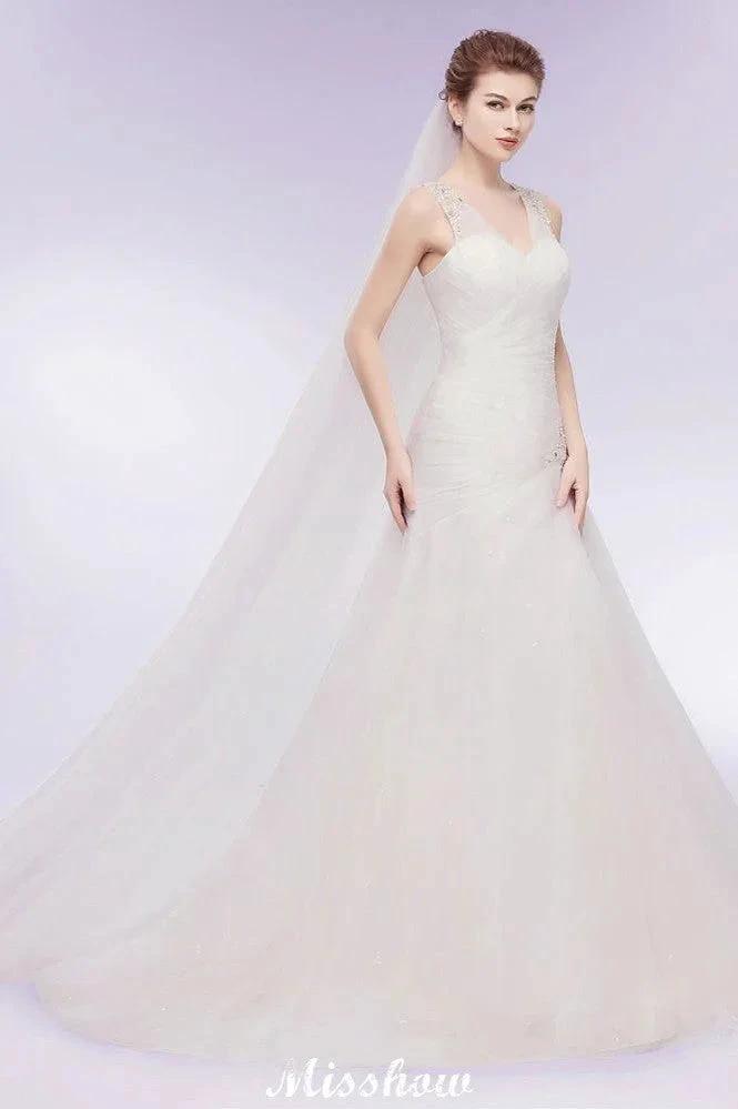 V-neck Floor Length Mermaid Crystals Tulle Wedding Dresses by misshow.com