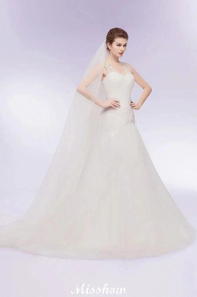 V-neck Floor Length Mermaid Crystals Tulle Wedding Dresses by misshow.com