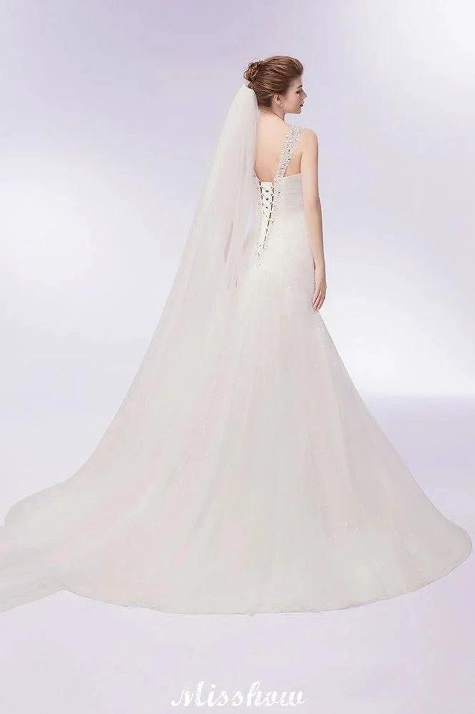 V-neck Floor Length Mermaid Crystals Tulle Wedding Dresses by misshow.com