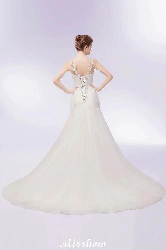 V-neck Floor Length Mermaid Crystals Tulle Wedding Dresses by misshow.com